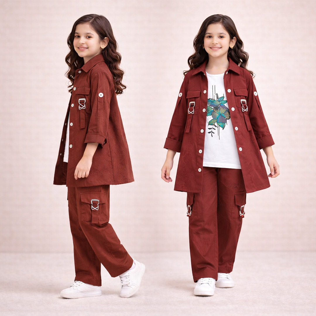 Girls 3 Piece Imported Dress Set  Inner Shirt & Trouser