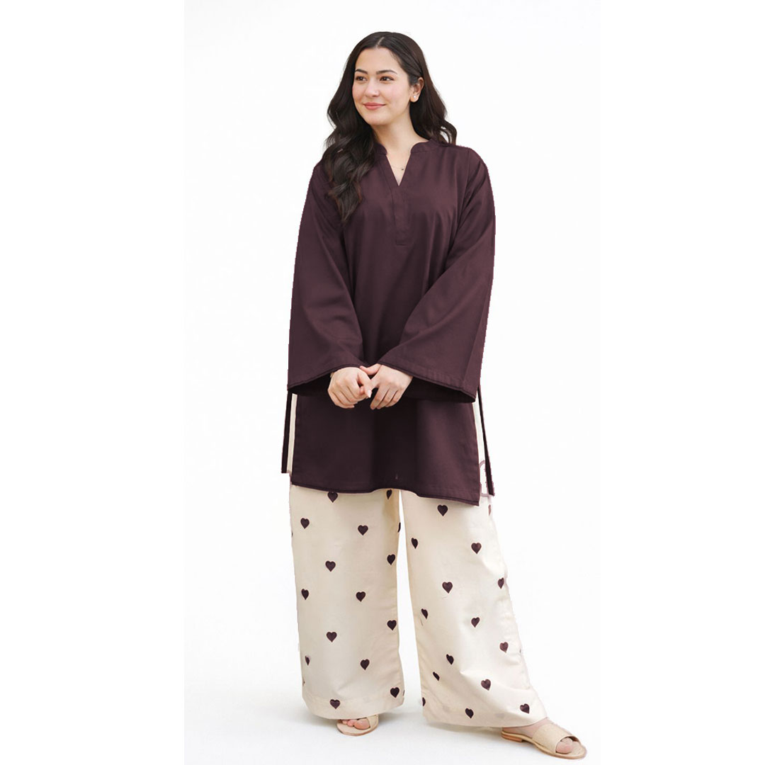 Pink Heart Embroidered Khaddar 2-Piece Set