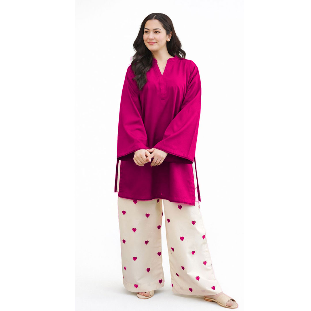 Pink Heart Embroidered Khaddar 2-Piece Set
