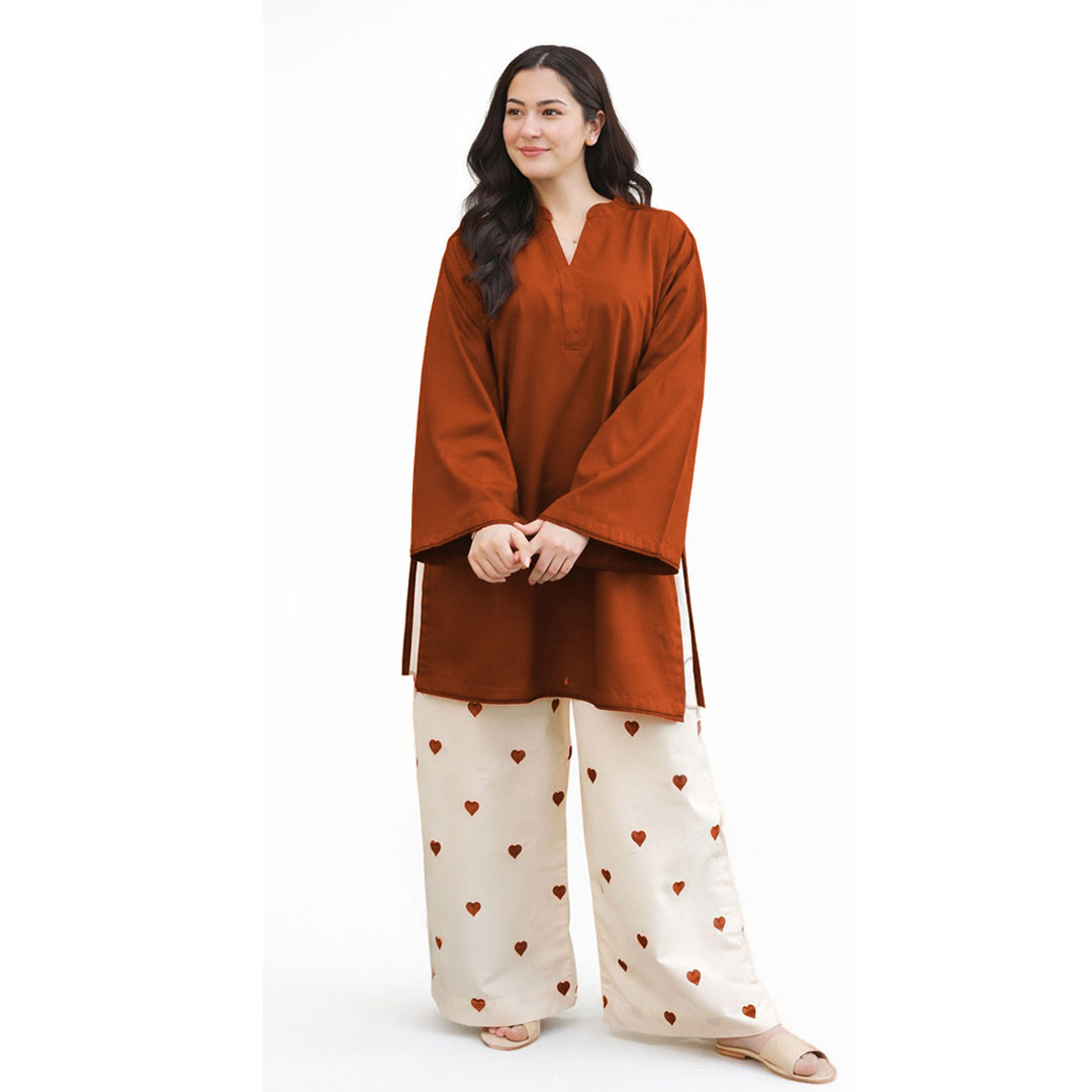 Pink Heart Embroidered Khaddar 2-Piece Set