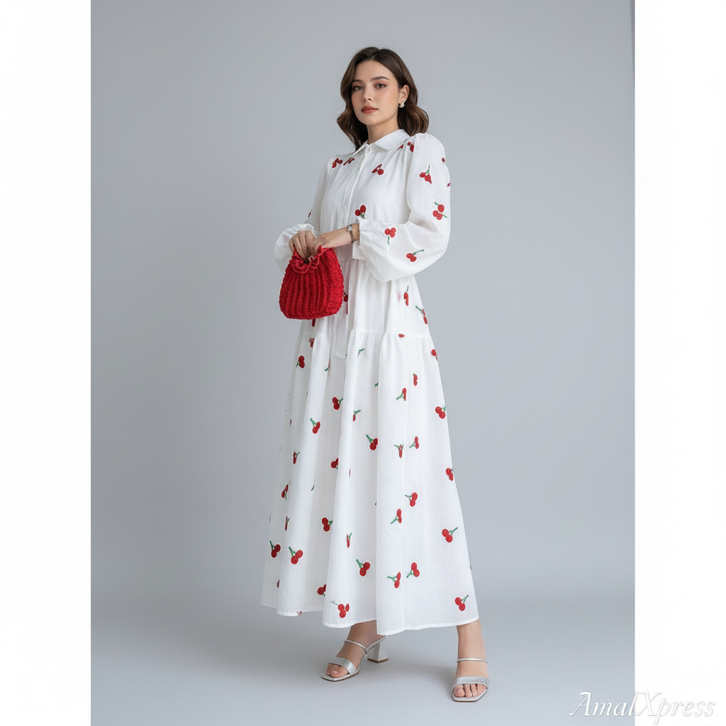 Turkish Cherry Elegance – Embroidered Front Open Frock