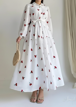 Turkish Cherry Elegance – Embroidered Front Open Frock