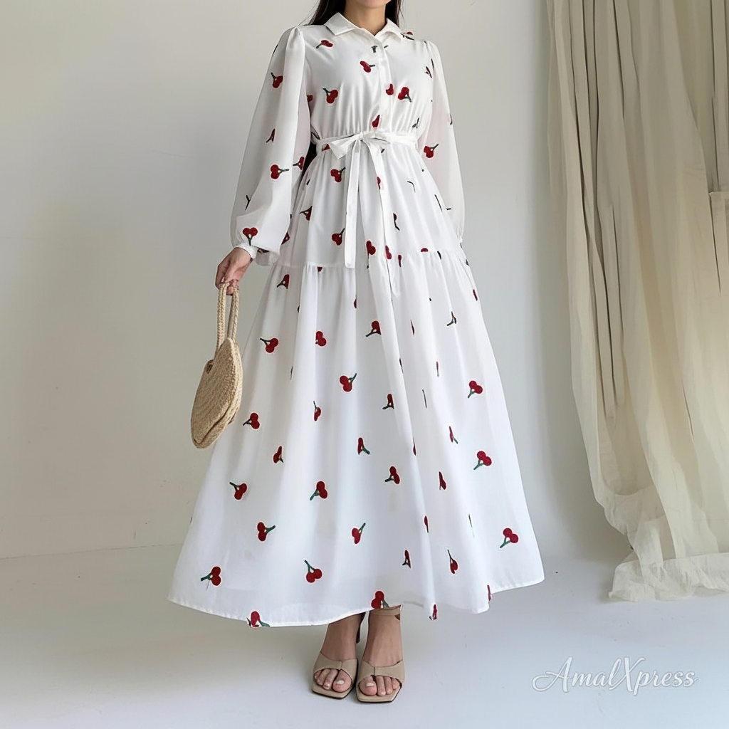 Turkish Cherry Elegance – Embroidered Front Open Frock