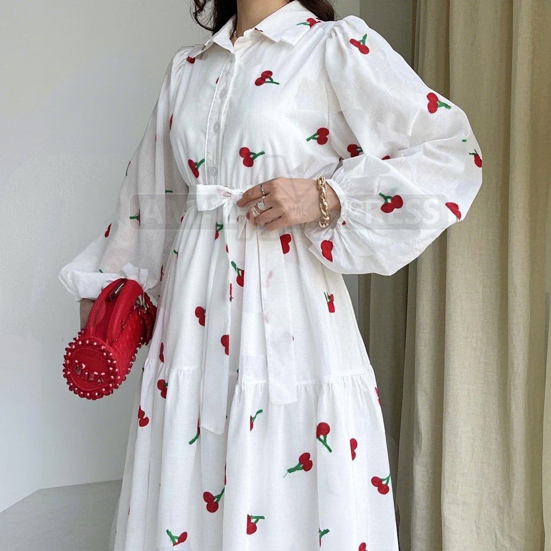 Turkish Cherry Elegance – Embroidered Front Open Frock