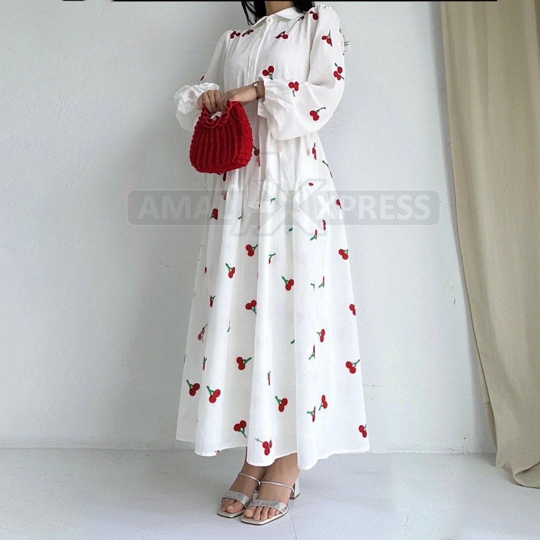 Turkish Cherry Elegance – Embroidered Front Open Frock