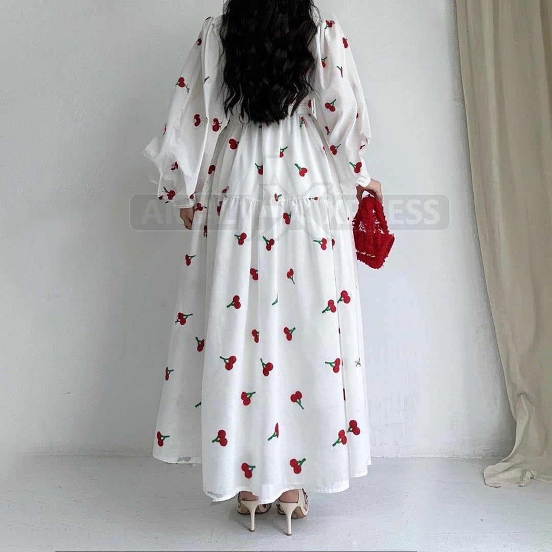 Turkish Cherry Elegance – Embroidered Front Open Frock