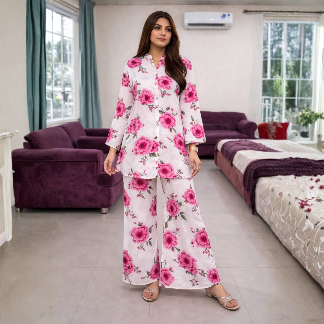 Floral Print Georgette Co-Ord Set for Women – Button Down Shirt & Wide Leg Trousers (Imported Fabric)