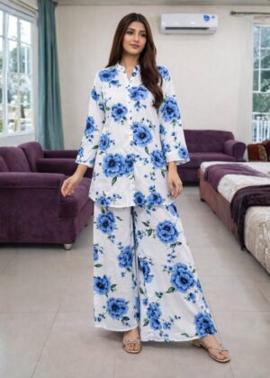 Floral Print Georgette Co-Ord Set for Women – Button Down Shirt & Wide Leg Trousers (Imported Fabric)