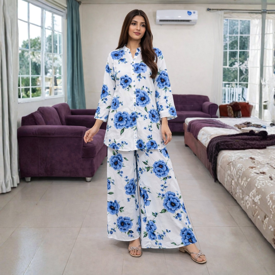 Floral Print Georgette Co-Ord Set for Women – Button Down Shirt & Wide Leg Trousers (Imported Fabric)