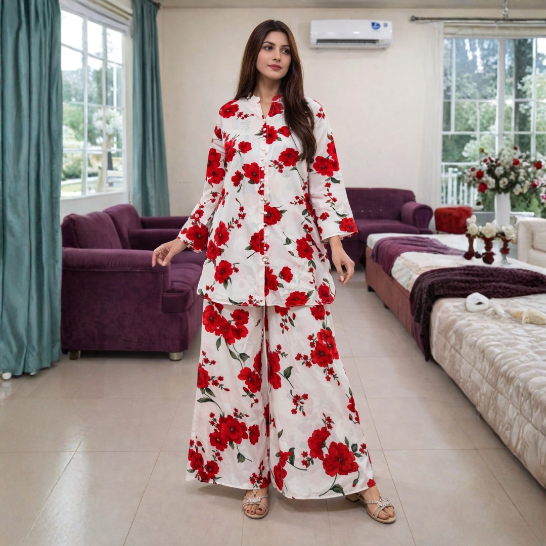 Floral Print Georgette Co-Ord Set for Women – Button Down Shirt & Wide Leg Trousers (Imported Fabric)